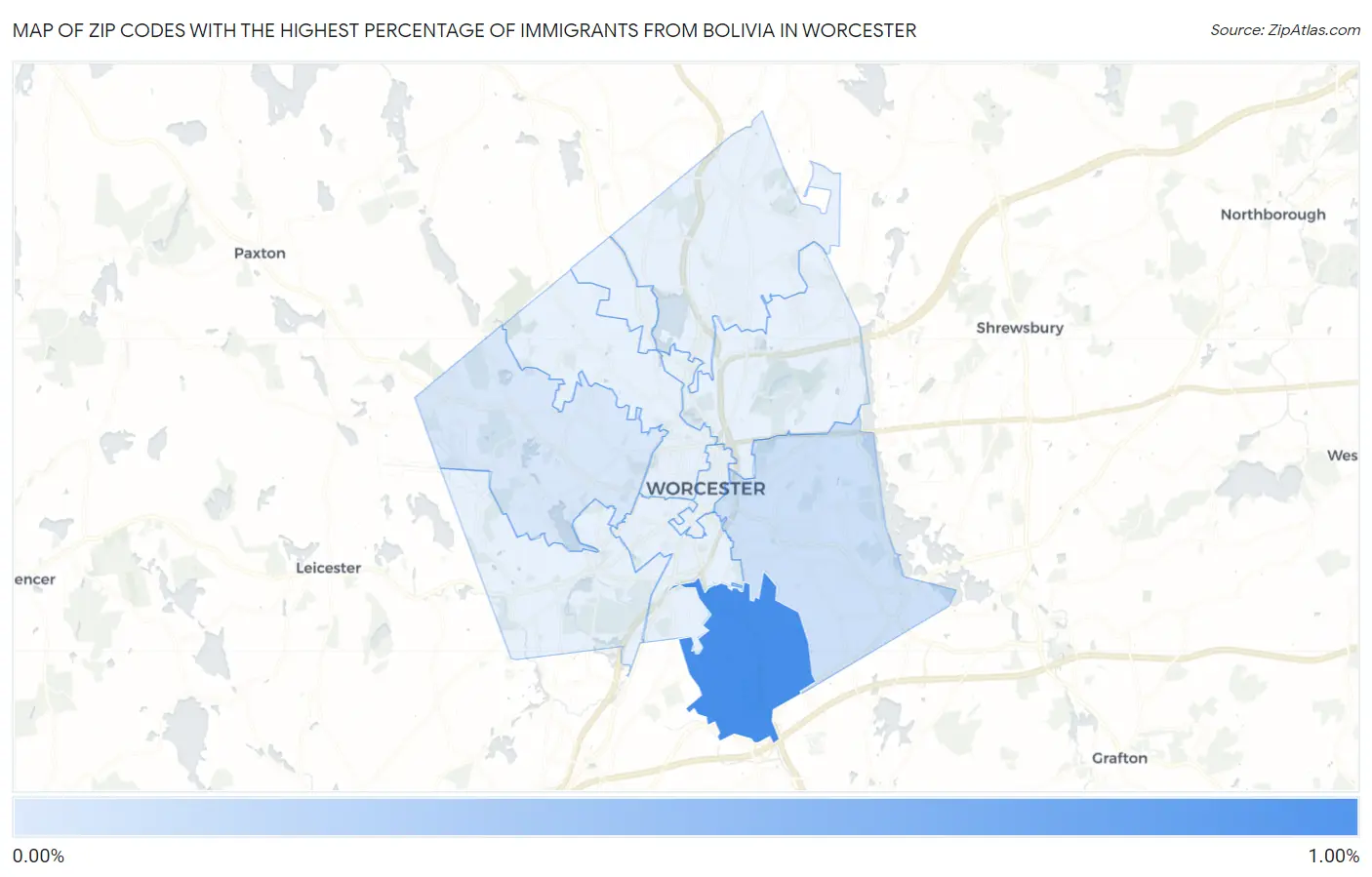 Zip Codes with the Highest Percentage of Immigrants from Bolivia in Worcester Map