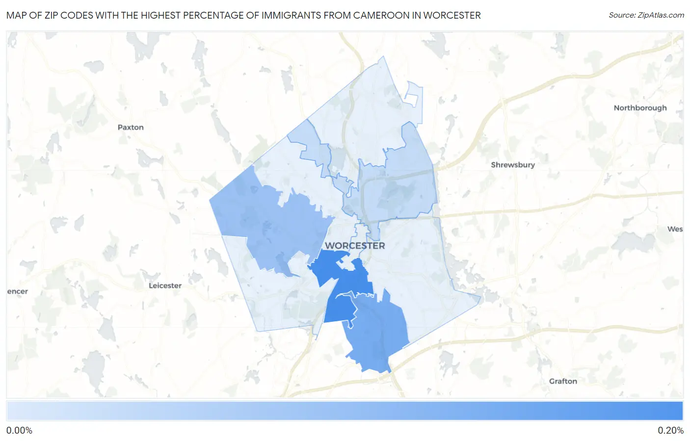 Zip Codes with the Highest Percentage of Immigrants from Cameroon in Worcester Map