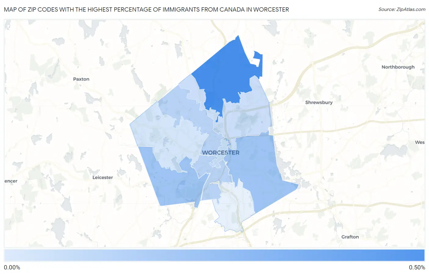 Zip Codes with the Highest Percentage of Immigrants from Canada in Worcester Map