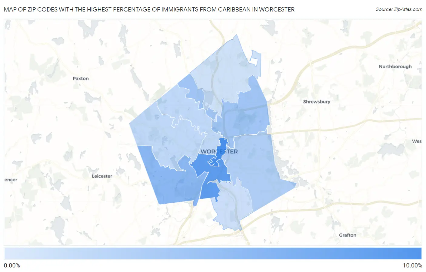 Zip Codes with the Highest Percentage of Immigrants from Caribbean in Worcester Map