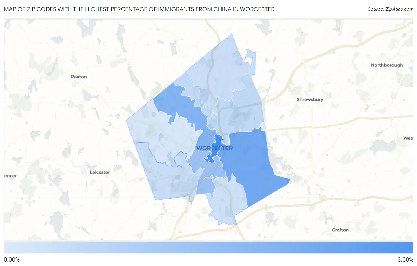 Zip Codes with the Highest Percentage of Immigrants from China in Worcester Map