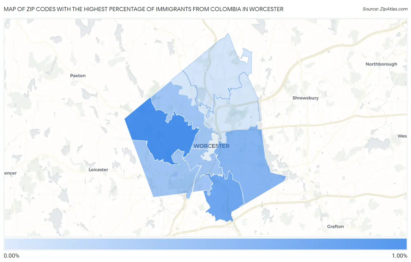 Zip Codes with the Highest Percentage of Immigrants from Colombia in Worcester Map