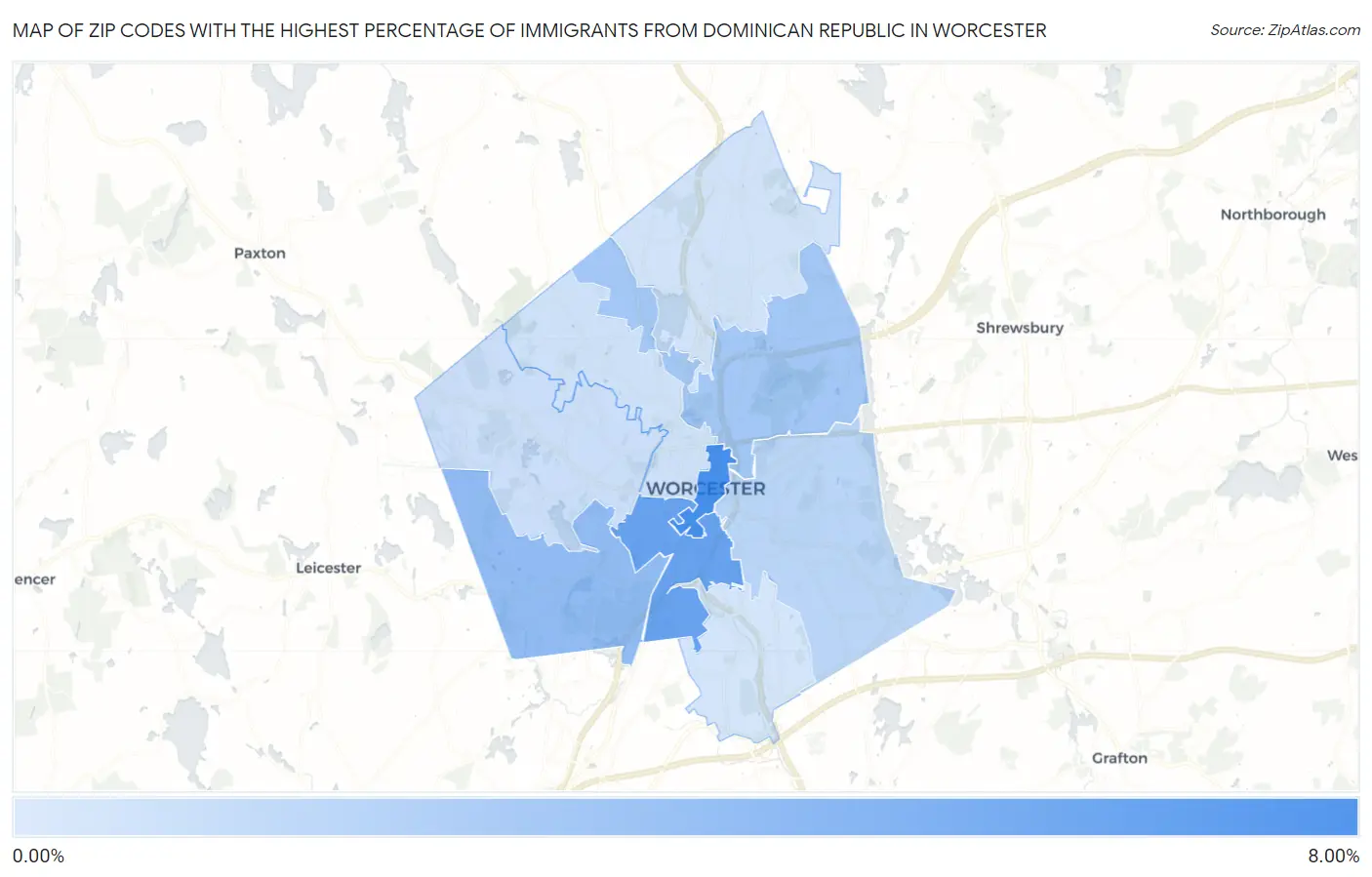 Zip Codes with the Highest Percentage of Immigrants from Dominican Republic in Worcester Map