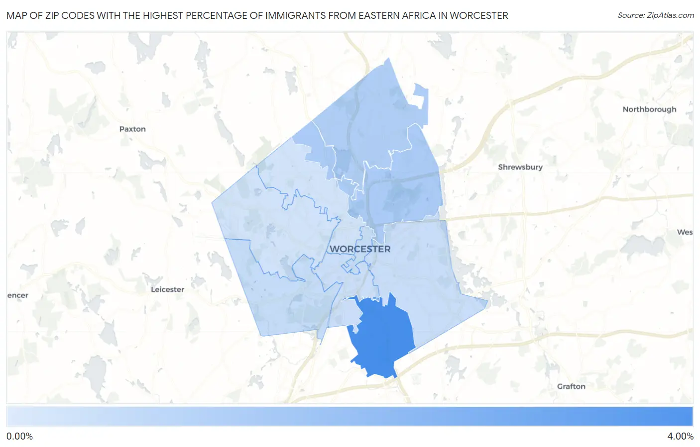 Zip Codes with the Highest Percentage of Immigrants from Eastern Africa in Worcester Map