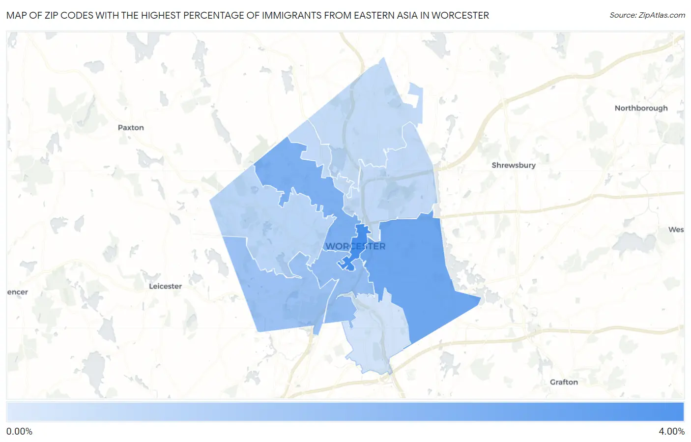 Zip Codes with the Highest Percentage of Immigrants from Eastern Asia in Worcester Map
