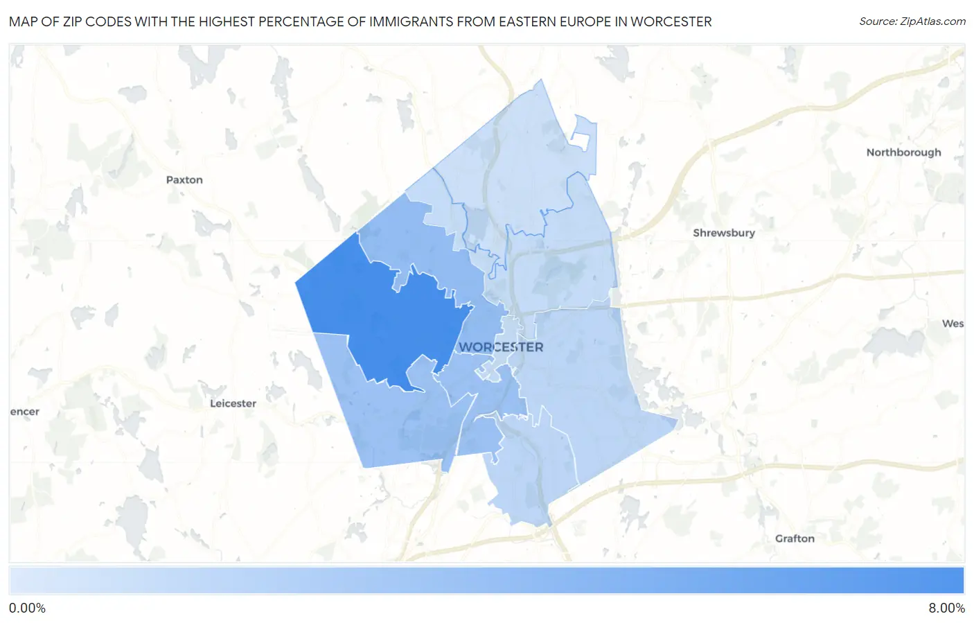 Zip Codes with the Highest Percentage of Immigrants from Eastern Europe in Worcester Map
