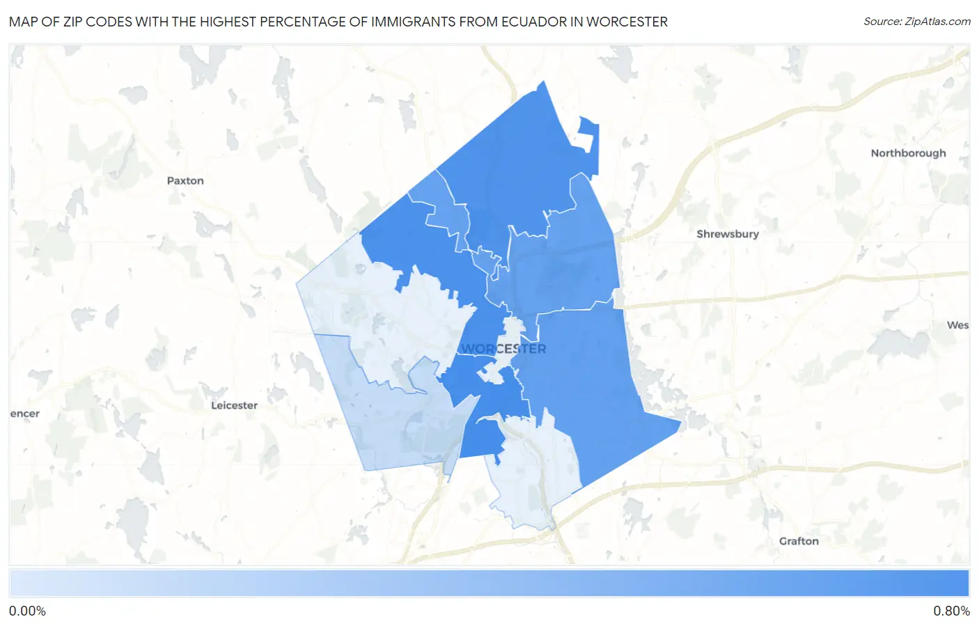 Zip Codes with the Highest Percentage of Immigrants from Ecuador in Worcester Map