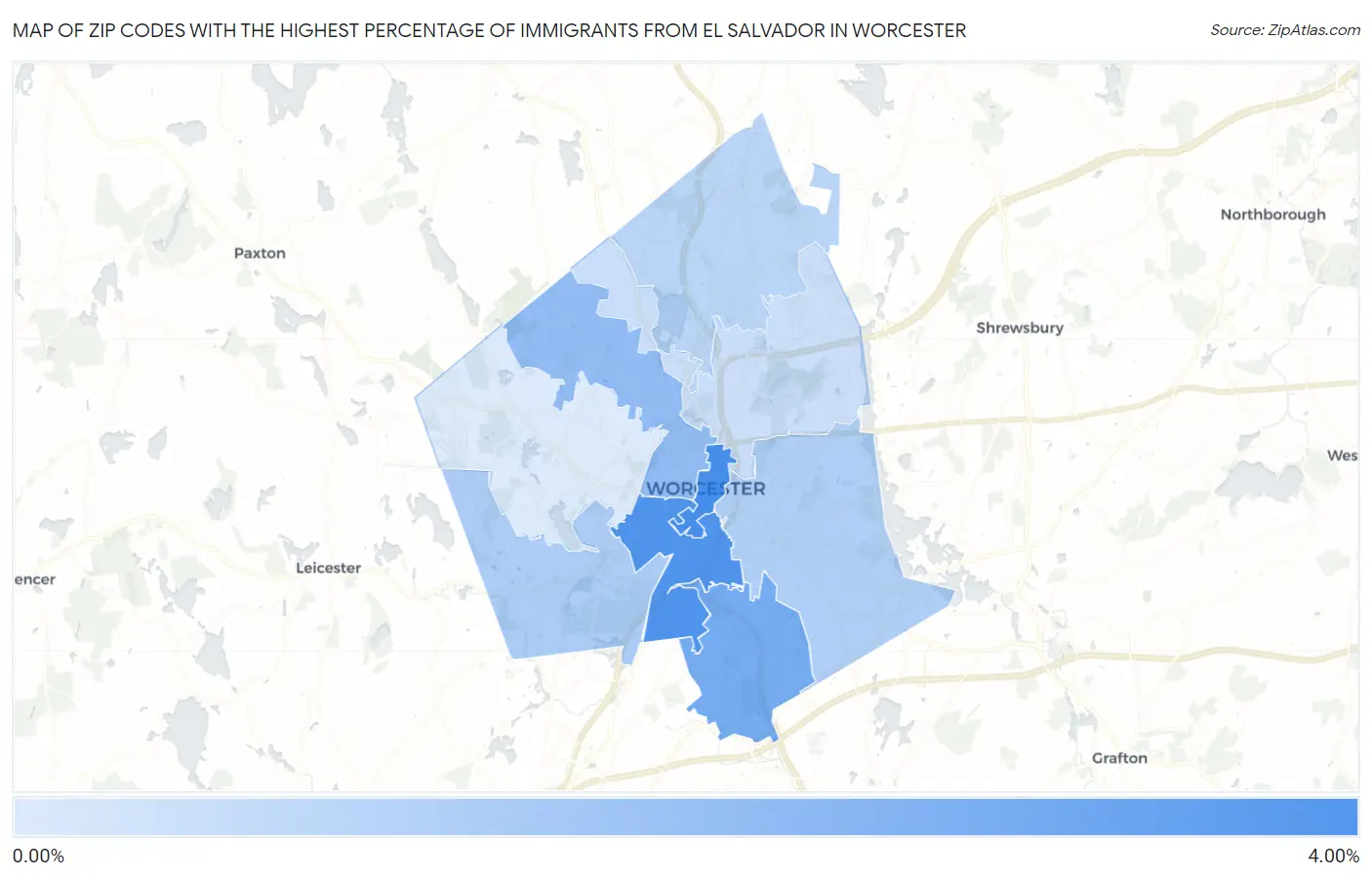 Zip Codes with the Highest Percentage of Immigrants from El Salvador in Worcester Map