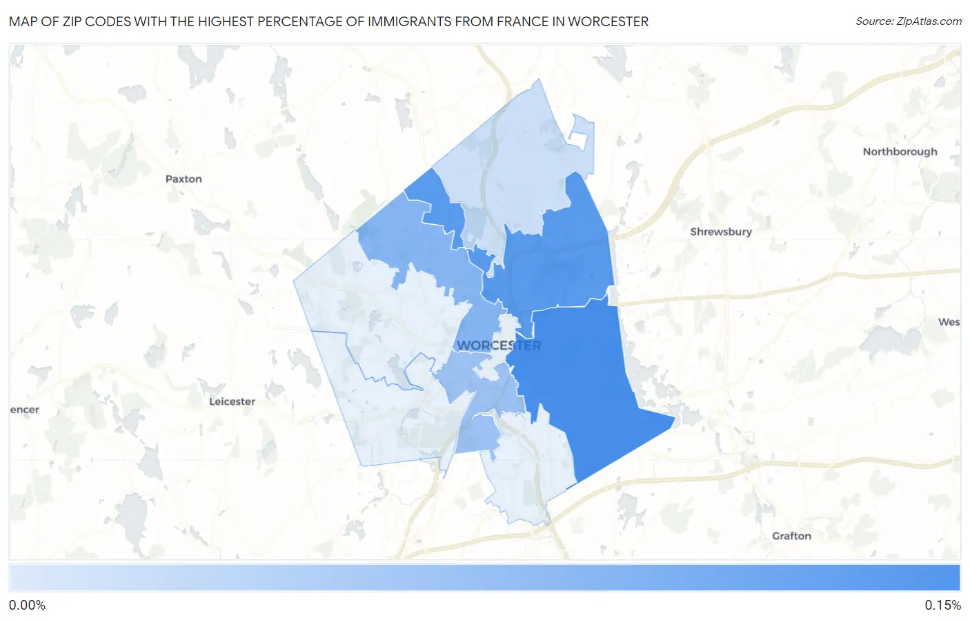 Zip Codes with the Highest Percentage of Immigrants from France in Worcester Map