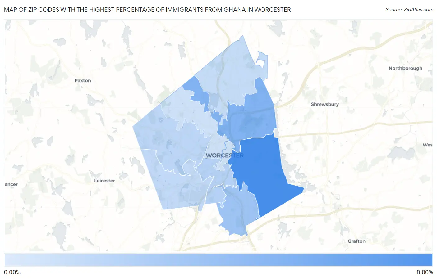 Zip Codes with the Highest Percentage of Immigrants from Ghana in Worcester Map