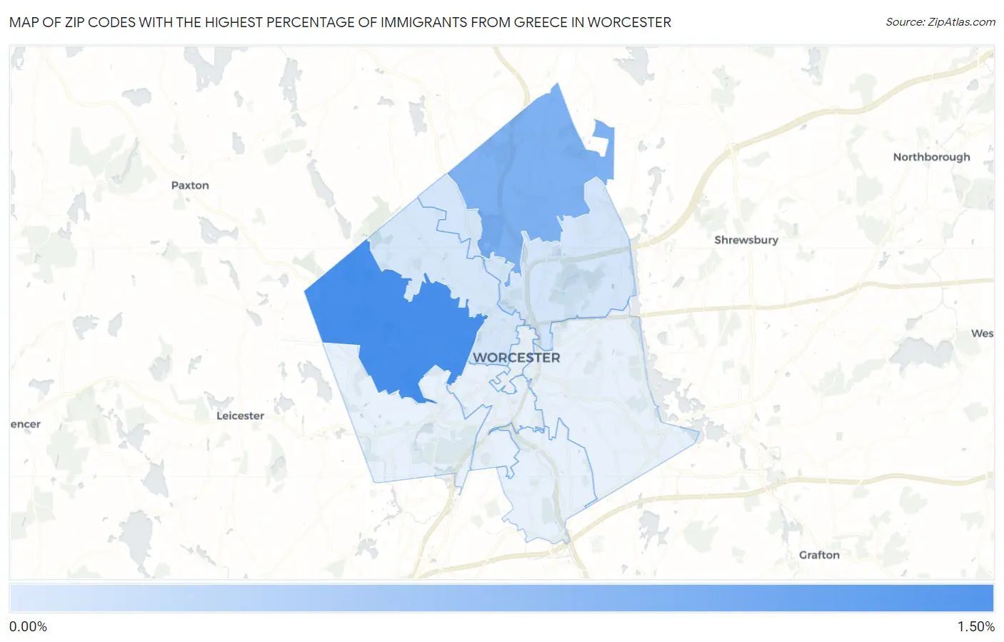 Zip Codes with the Highest Percentage of Immigrants from Greece in Worcester Map