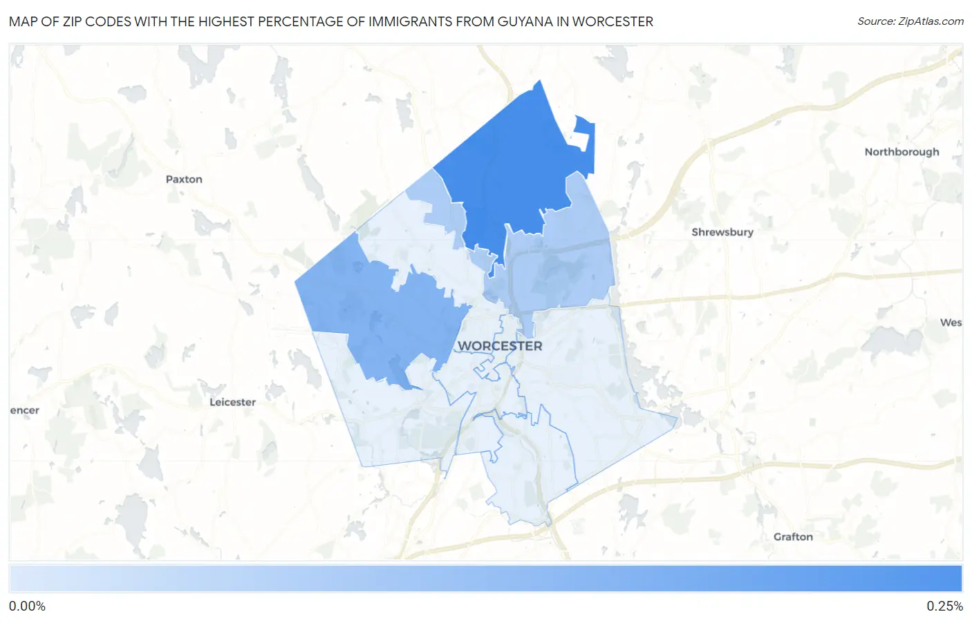 Zip Codes with the Highest Percentage of Immigrants from Guyana in Worcester Map