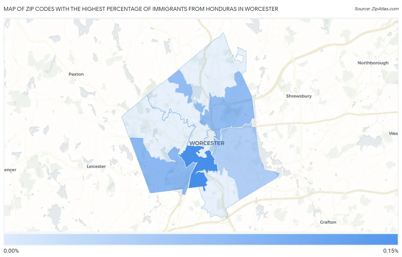 Zip Codes with the Highest Percentage of Immigrants from Honduras in Worcester Map