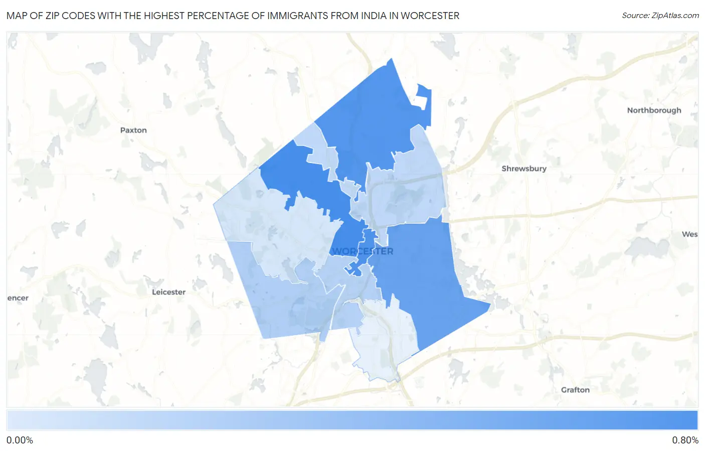 Zip Codes with the Highest Percentage of Immigrants from India in Worcester Map