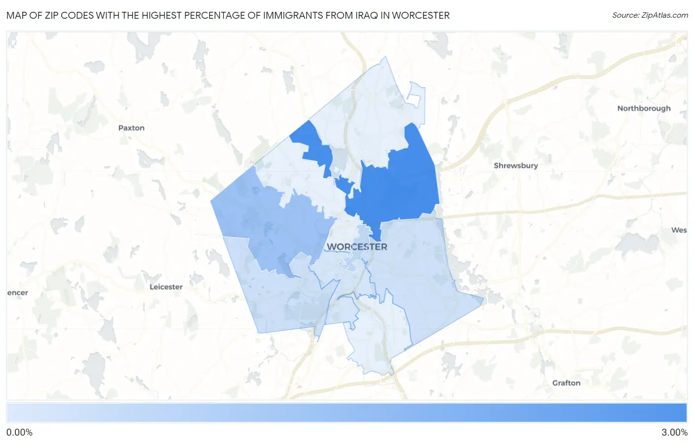 Zip Codes with the Highest Percentage of Immigrants from Iraq in Worcester Map