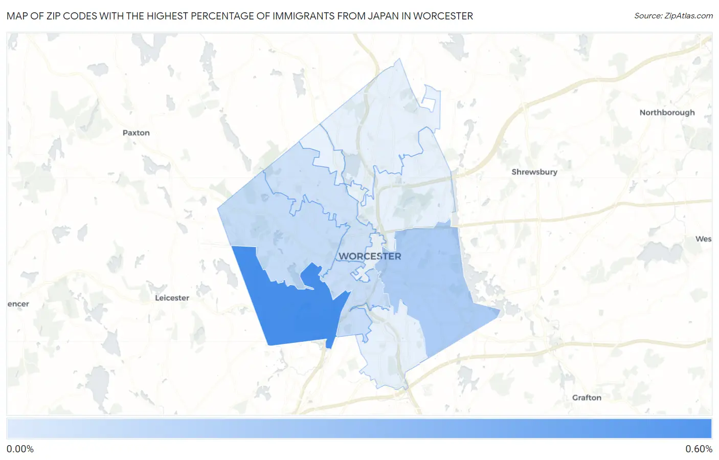 Zip Codes with the Highest Percentage of Immigrants from Japan in Worcester Map