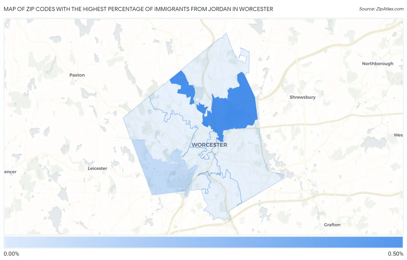 Zip Codes with the Highest Percentage of Immigrants from Jordan in Worcester Map