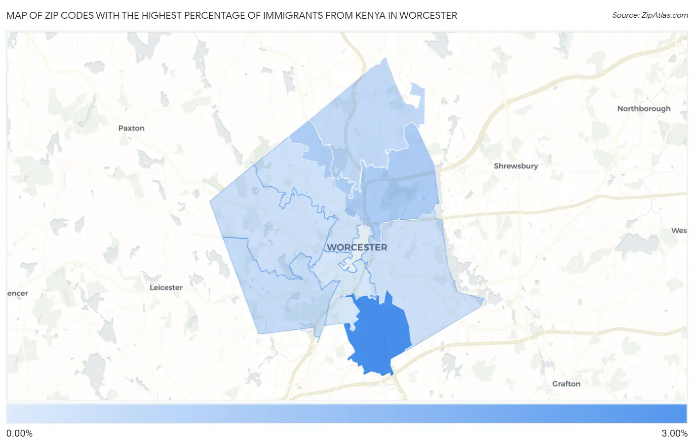 Zip Codes with the Highest Percentage of Immigrants from Kenya in Worcester Map