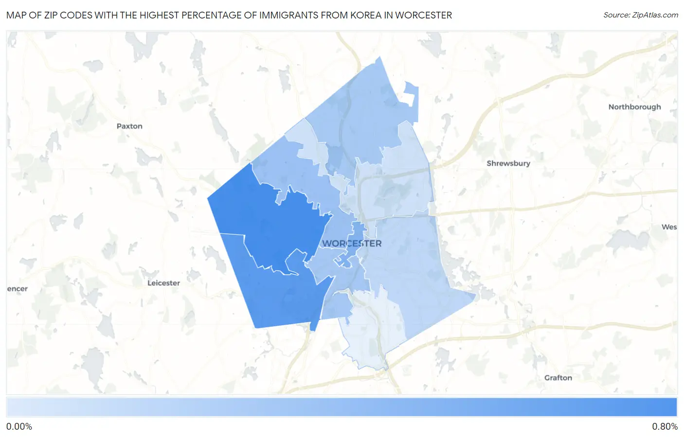 Zip Codes with the Highest Percentage of Immigrants from Korea in Worcester Map