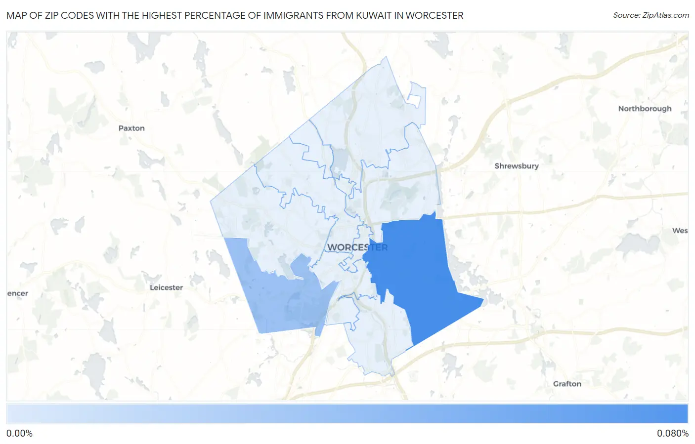 Zip Codes with the Highest Percentage of Immigrants from Kuwait in Worcester Map