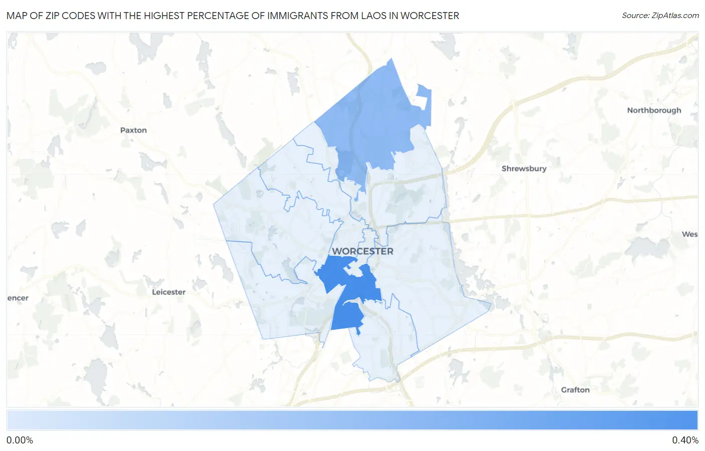 Zip Codes with the Highest Percentage of Immigrants from Laos in Worcester Map
