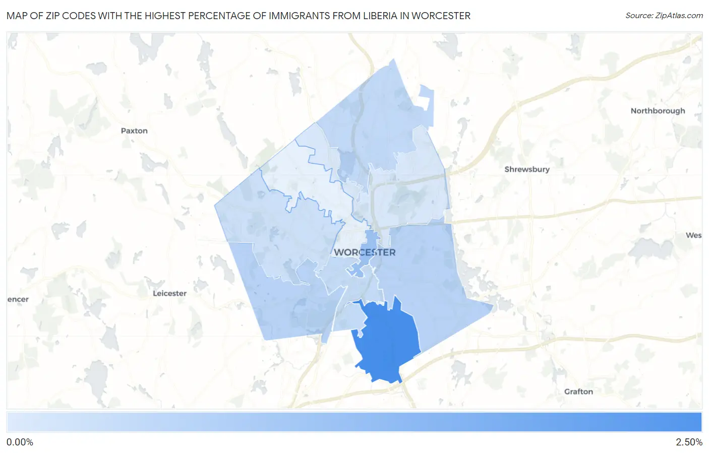 Zip Codes with the Highest Percentage of Immigrants from Liberia in Worcester Map