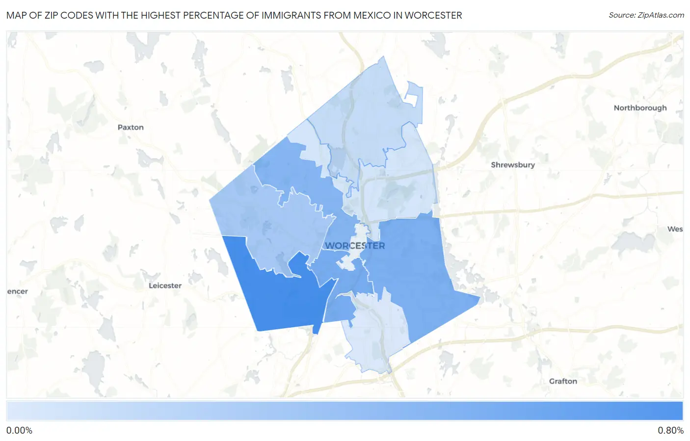 Zip Codes with the Highest Percentage of Immigrants from Mexico in Worcester Map
