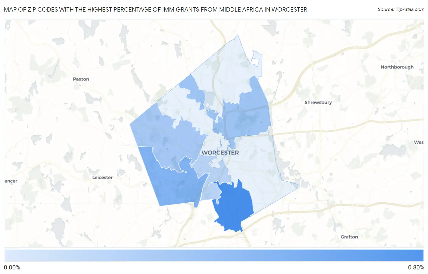 Zip Codes with the Highest Percentage of Immigrants from Middle Africa in Worcester Map