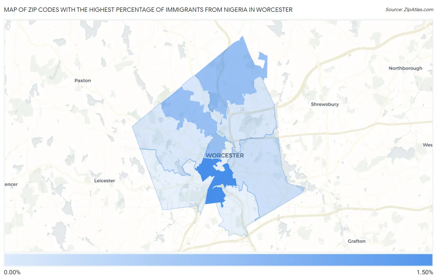 Zip Codes with the Highest Percentage of Immigrants from Nigeria in Worcester Map