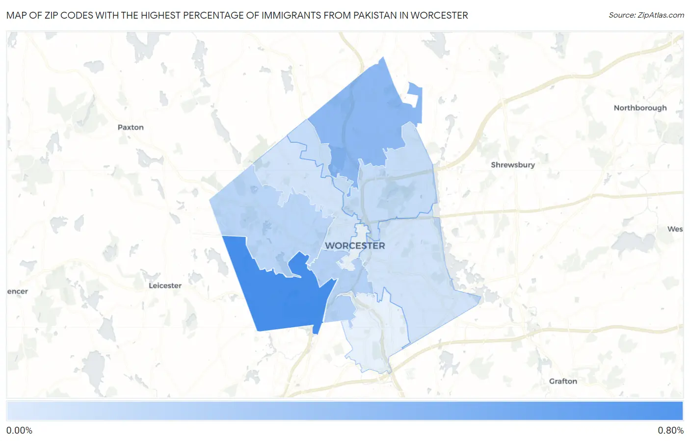 Zip Codes with the Highest Percentage of Immigrants from Pakistan in Worcester Map