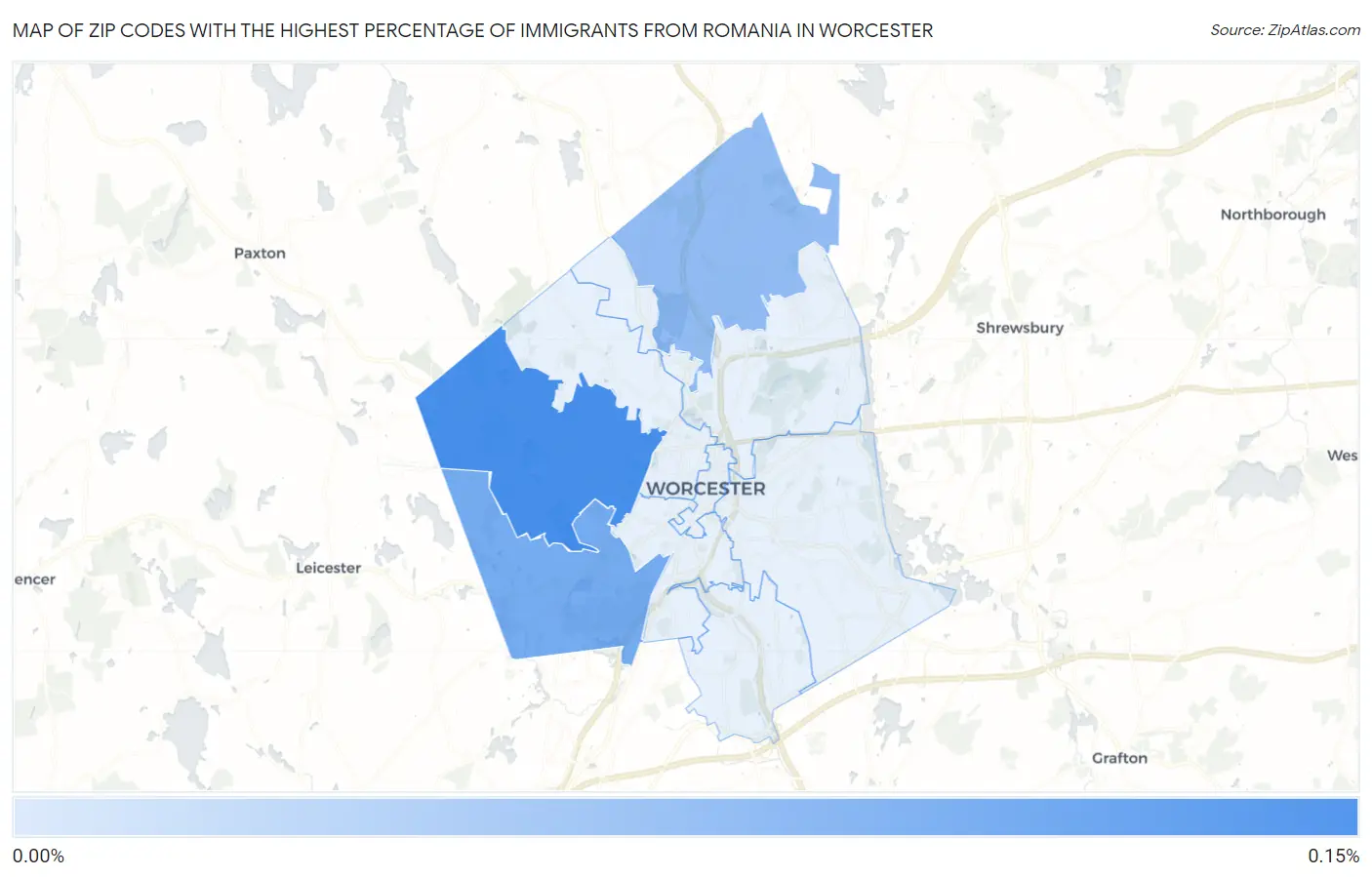 Zip Codes with the Highest Percentage of Immigrants from Romania in Worcester Map