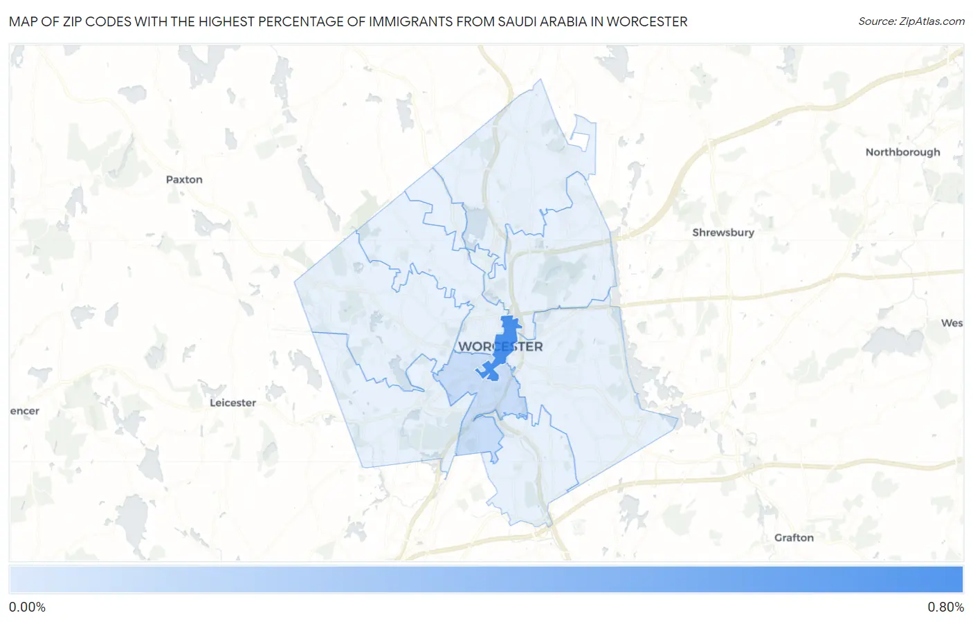 Zip Codes with the Highest Percentage of Immigrants from Saudi Arabia in Worcester Map