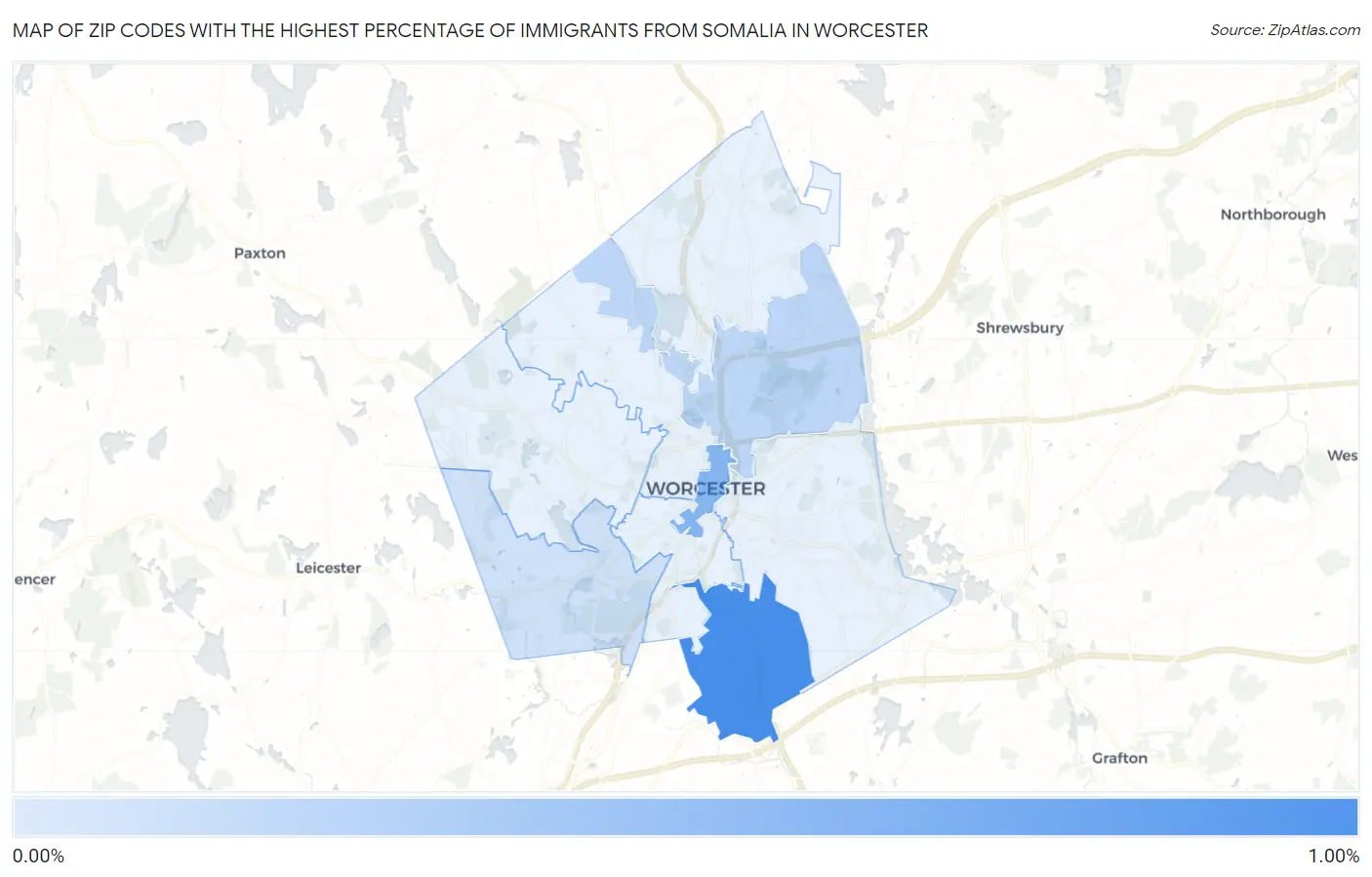 Zip Codes with the Highest Percentage of Immigrants from Somalia in Worcester Map