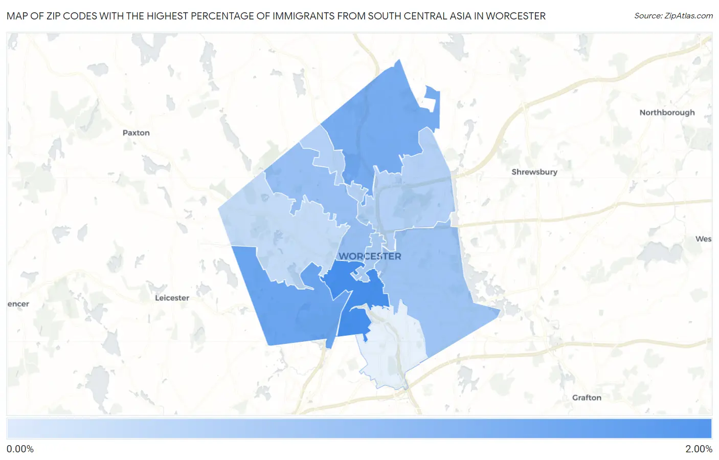 Zip Codes with the Highest Percentage of Immigrants from South Central Asia in Worcester Map