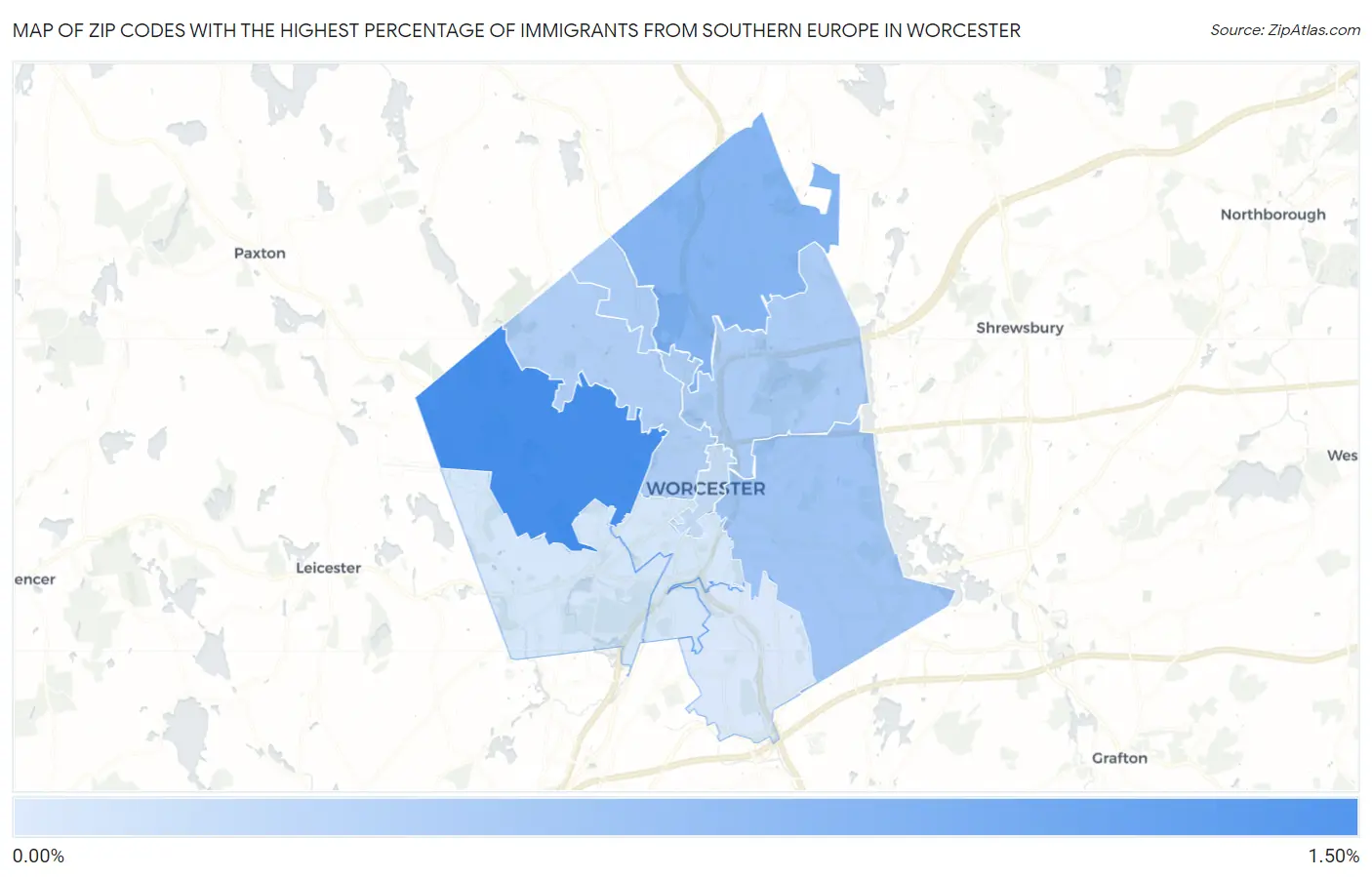 Zip Codes with the Highest Percentage of Immigrants from Southern Europe in Worcester Map