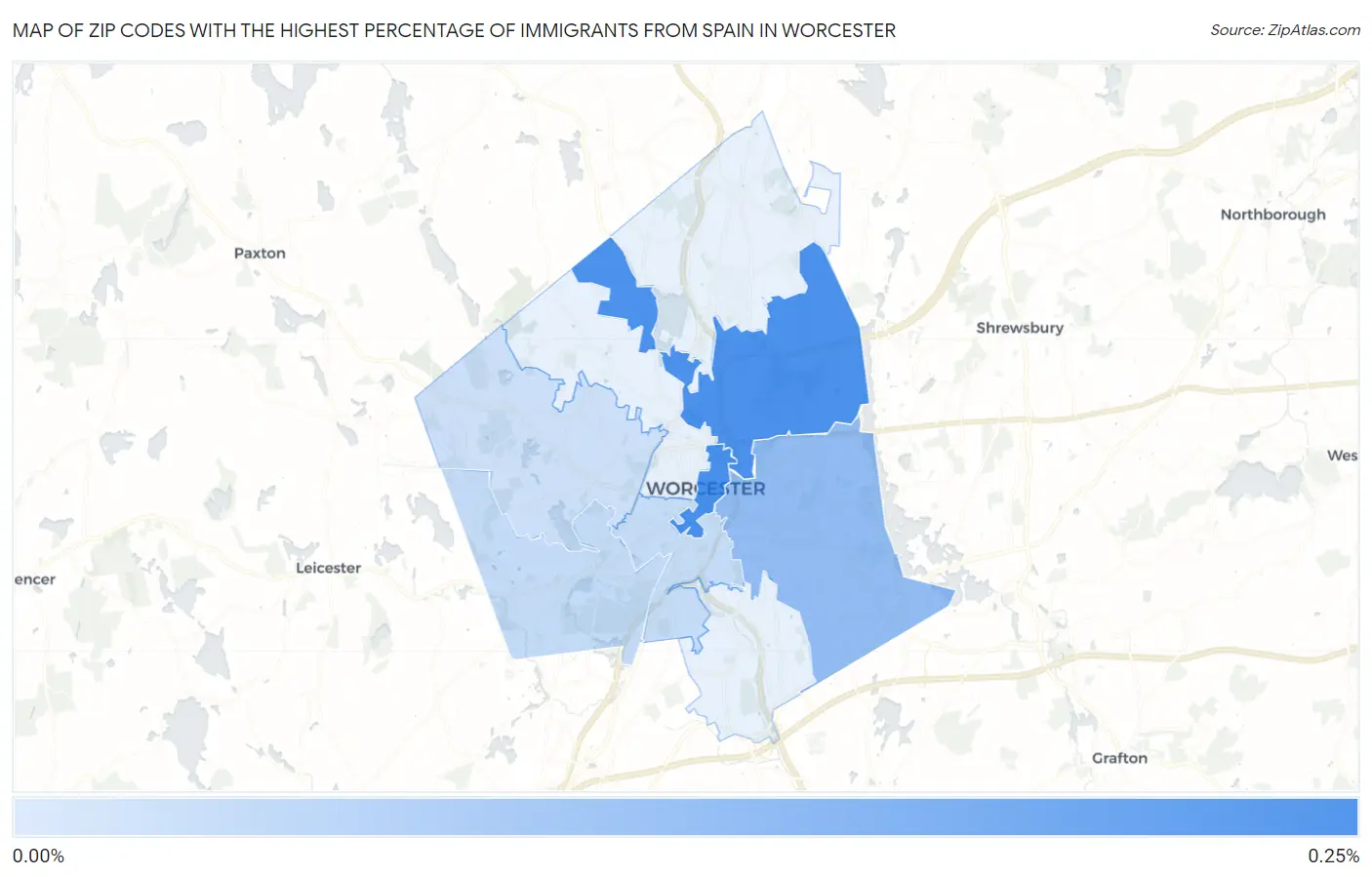 Zip Codes with the Highest Percentage of Immigrants from Spain in Worcester Map