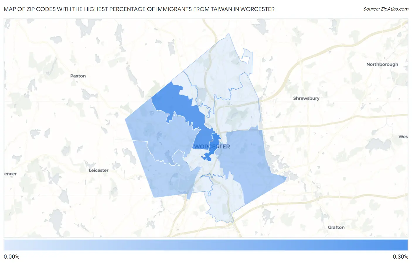 Zip Codes with the Highest Percentage of Immigrants from Taiwan in Worcester Map