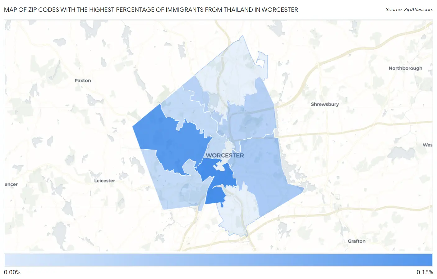 Zip Codes with the Highest Percentage of Immigrants from Thailand in Worcester Map