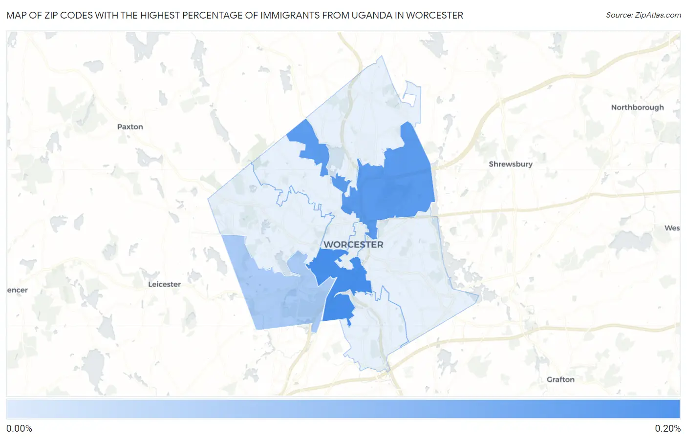 Zip Codes with the Highest Percentage of Immigrants from Uganda in Worcester Map