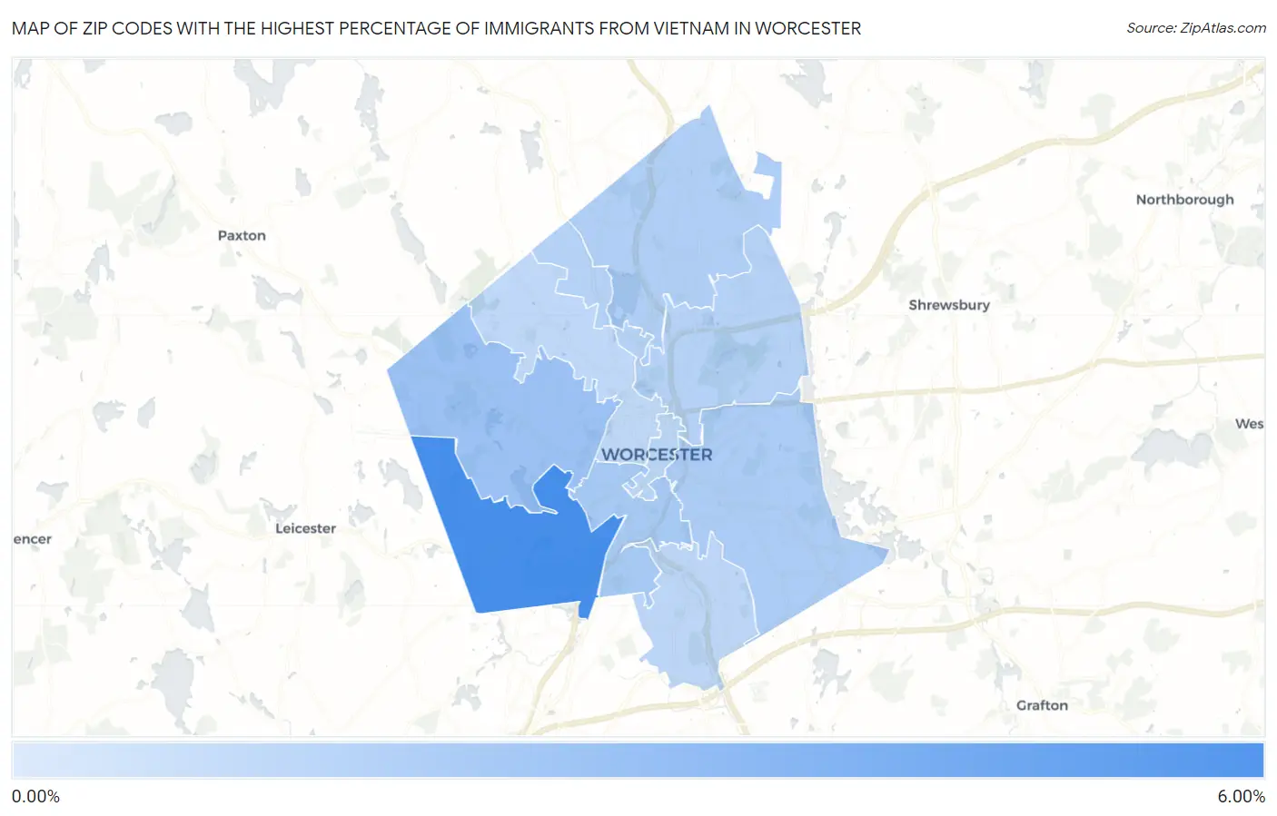 Zip Codes with the Highest Percentage of Immigrants from Vietnam in Worcester Map