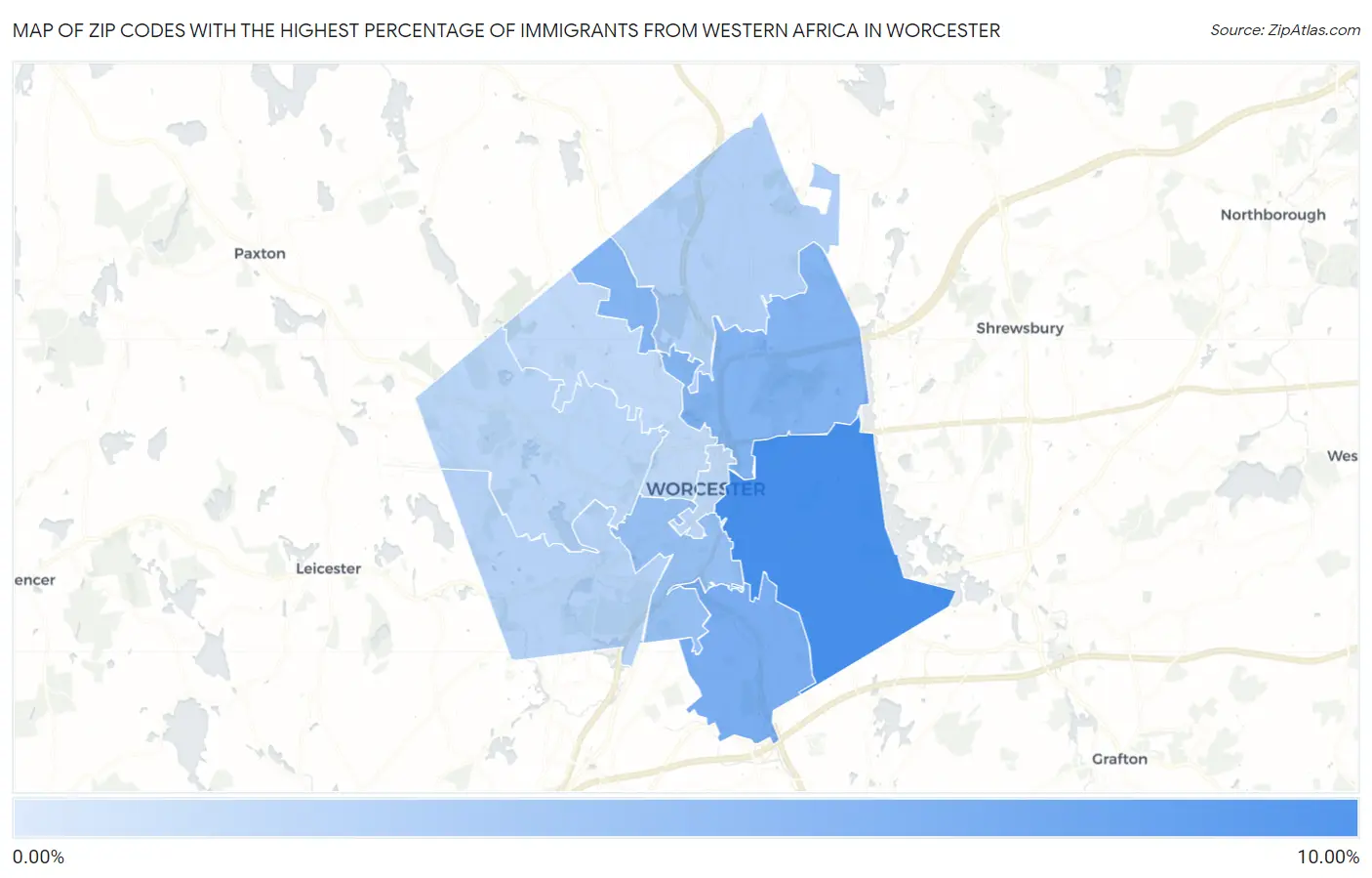 Zip Codes with the Highest Percentage of Immigrants from Western Africa in Worcester Map