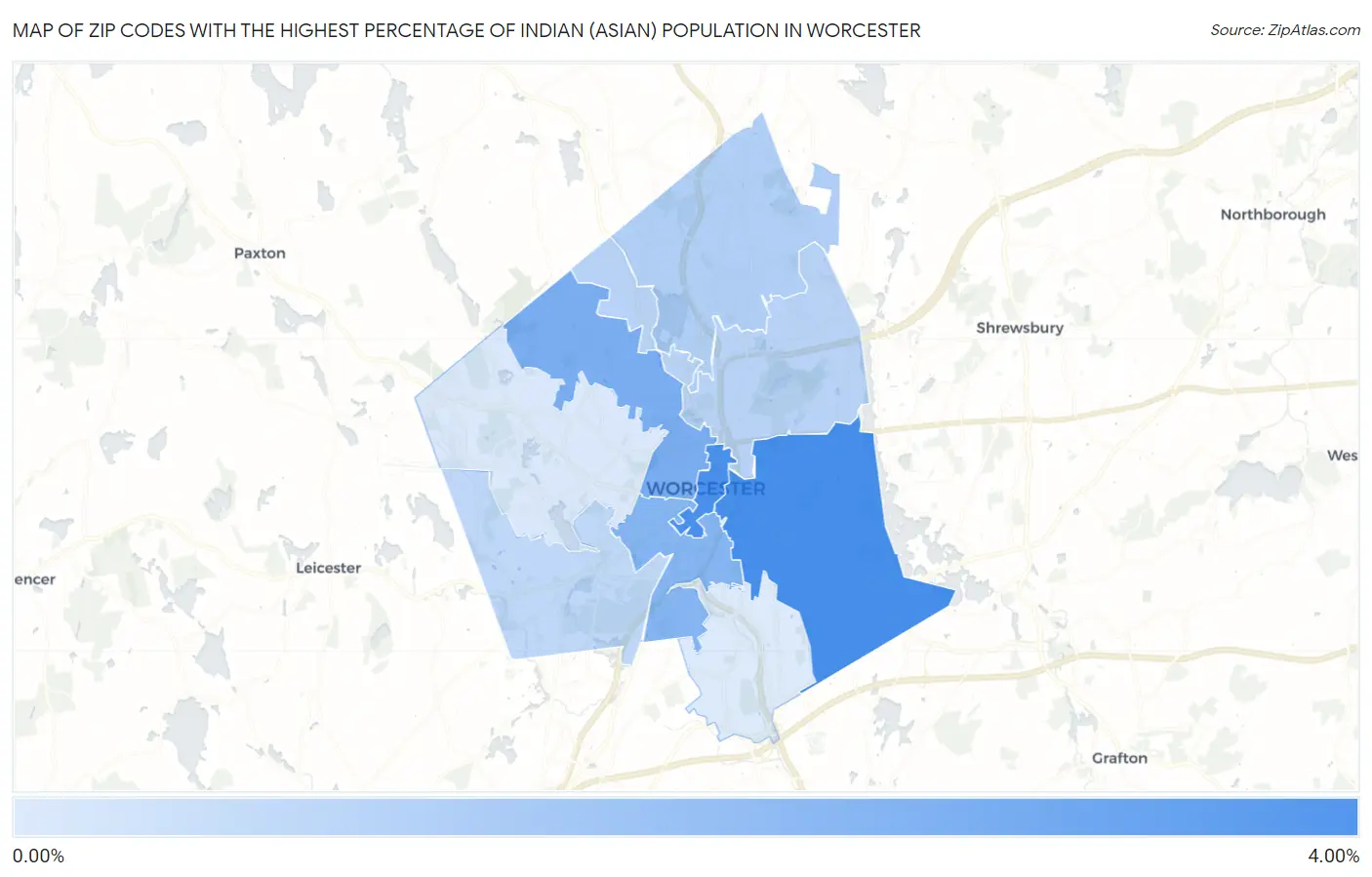 Zip Codes with the Highest Percentage of Indian (Asian) Population in Worcester Map