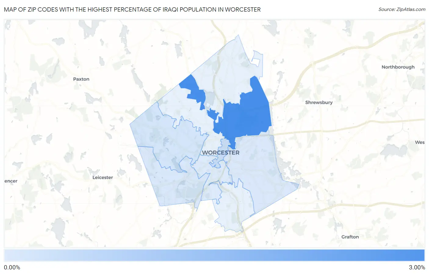 Zip Codes with the Highest Percentage of Iraqi Population in Worcester Map