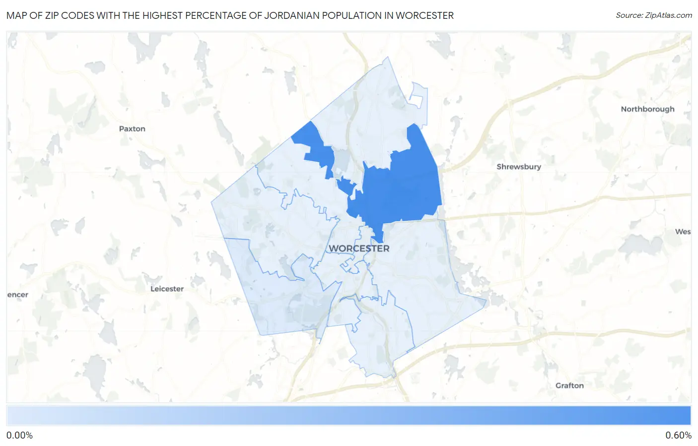 Zip Codes with the Highest Percentage of Jordanian Population in Worcester Map