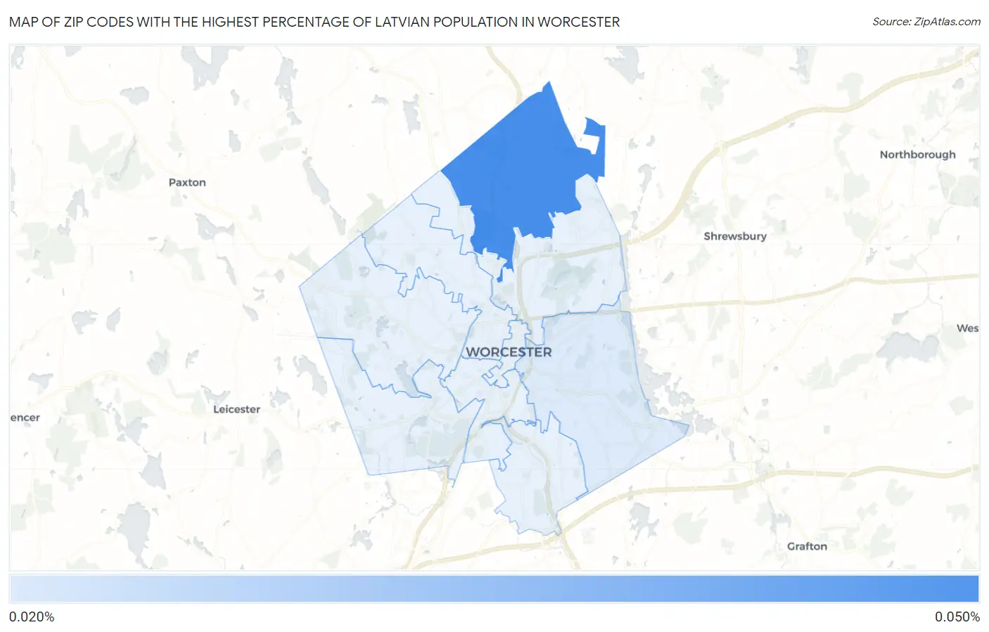 Zip Codes with the Highest Percentage of Latvian Population in Worcester Map