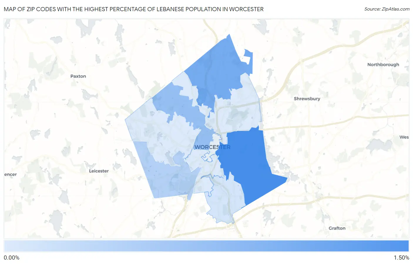 Zip Codes with the Highest Percentage of Lebanese Population in Worcester Map