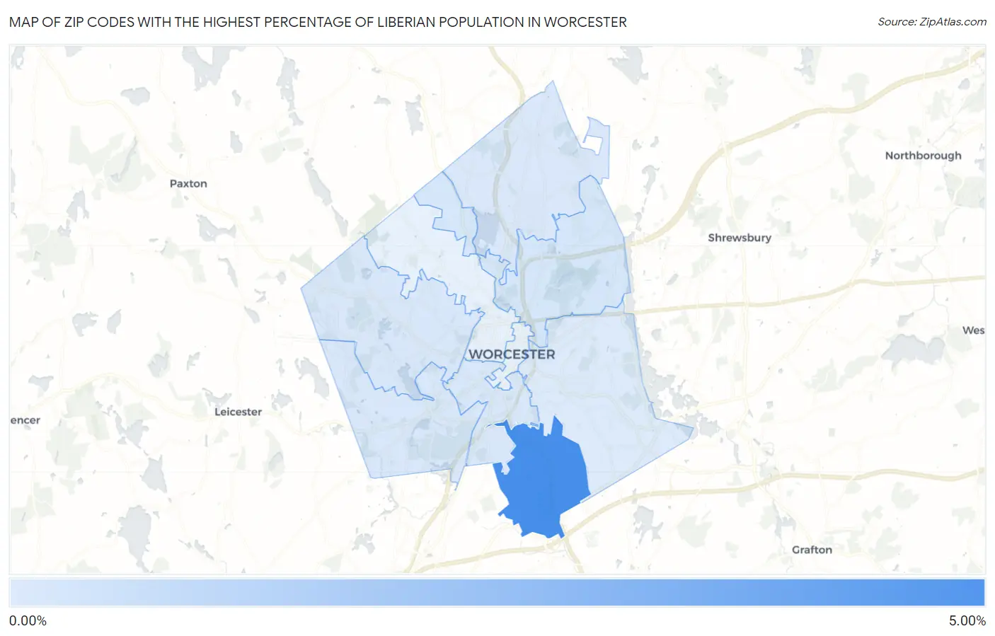Zip Codes with the Highest Percentage of Liberian Population in Worcester Map