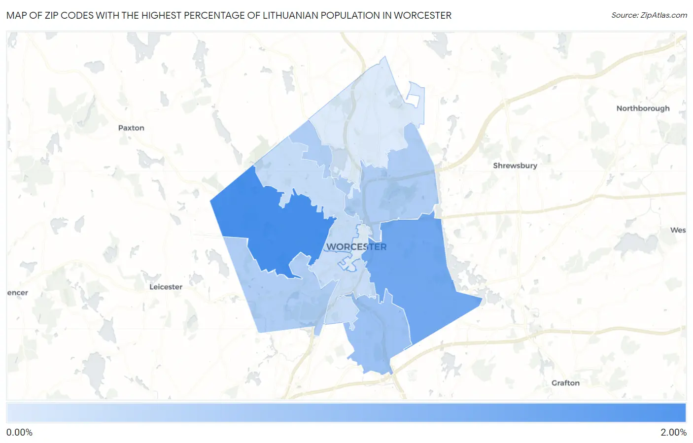 Zip Codes with the Highest Percentage of Lithuanian Population in Worcester Map