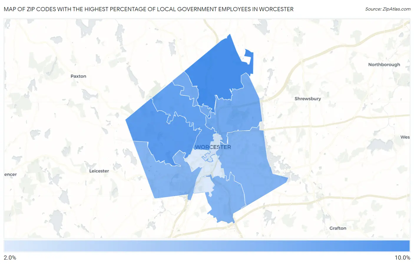 Zip Codes with the Highest Percentage of Local Government Employees in Worcester Map