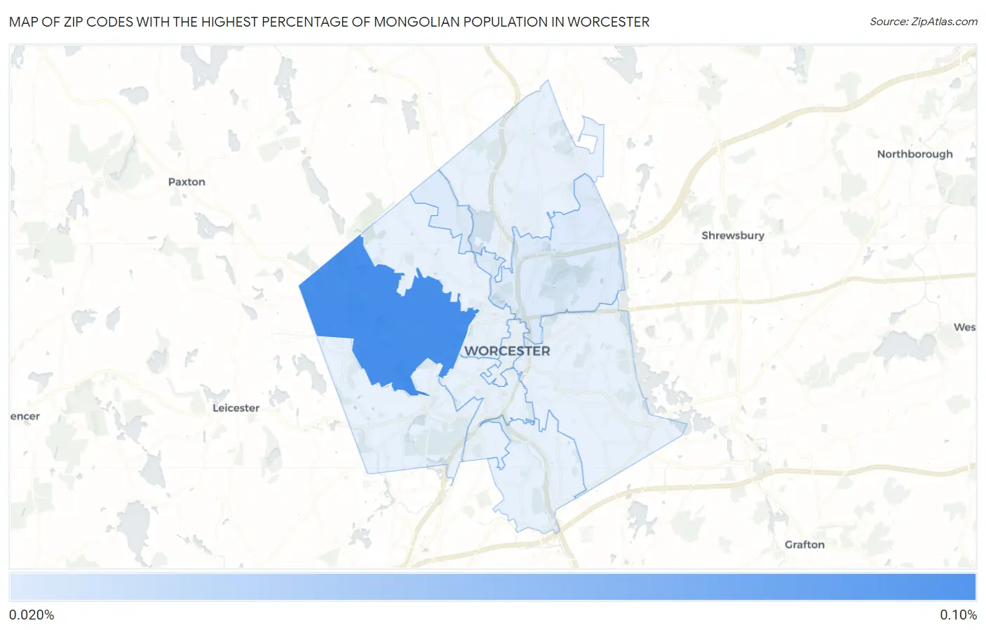 Zip Codes with the Highest Percentage of Mongolian Population in Worcester Map